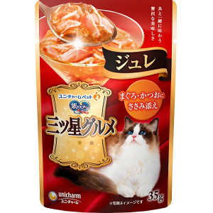 ユニ・チャーム 銀のスプーン 三ツ星グルメ パウチ ジュレ まぐろ・かつおにささみ添え 35g 4520699620397
