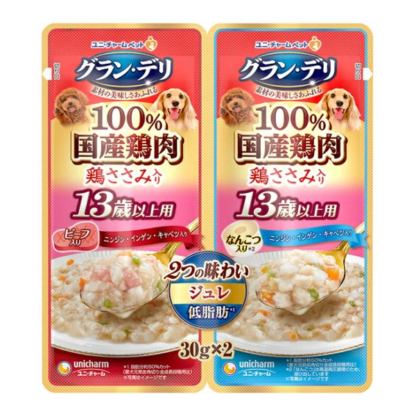 ユニ・チャーム グランデリ パウチ ジュレ 2つの味わい 13歳以上用 あらびき鶏 ビーフ&軟骨 30g×2種 4520699642498