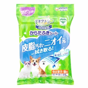 24個セット ユニ・チャーム デオクリーン からだふきシート 中大型犬・猫用 香り付き 15枚 やわらかなソープの香り 4520699642887